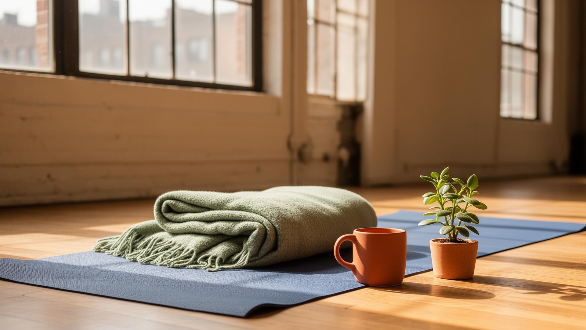 A sunlit Brooklyn studio with a yoga mat, sage blanket, and terracotta mug